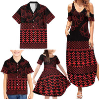 Red Taniko Kowhaiwhai Tukutuku Motif Family Matching Summer Maxi Dress and Hawaiian Shirt LT9 - Polynesian Pride