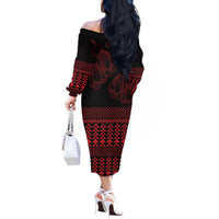Red Taniko Kowhaiwhai Tukutuku Motif Off The Shoulder Long Sleeve Dress LT9 - Polynesian Pride