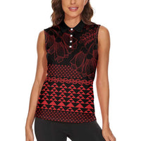 Red Taniko Kowhaiwhai Tukutuku Motif Women Sleeveless Polo Shirt LT9 - Polynesian Pride