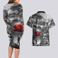 Black ANZAC Day The Battle of Lone Pine Couples Matching Long Sleeve Bodycon Dress and Hawaiian Shirt Kiwi-Kangaroo Soldier Lest We Forget LT9 - Polynesian Pride