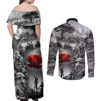 Black ANZAC Day The Battle of Lone Pine Couples Matching Off Shoulder Maxi Dress and Long Sleeve Button Shirt Kiwi-Kangaroo Soldier Lest We Forget LT9 - Polynesian Pride