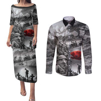 Black ANZAC Day The Battle of Lone Pine Couples Matching Puletasi and Long Sleeve Button Shirt Kiwi-Kangaroo Soldier Lest We Forget LT9 Black - Polynesian Pride