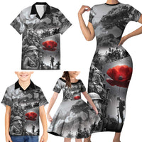Black ANZAC Day The Battle of Lone Pine Family Matching Short Sleeve Bodycon Dress and Hawaiian Shirt Kiwi-Kangaroo Soldier Lest We Forget LT9 - Polynesian Pride