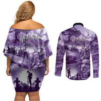 Purple ANZAC Day The Battle of Lone Pine Couples Matching Off Shoulder Short Dress and Long Sleeve Button Shirt Kiwi-Kangaroo Soldier Lest We Forget LT9 - Polynesian Pride