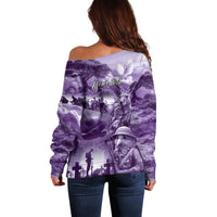 Purple ANZAC Day The Battle of Lone Pine Off Shoulder Sweater Kiwi-Kangaroo Soldier Lest We Forget LT9 - Polynesian Pride