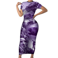 Purple ANZAC Day The Battle of Lone Pine Short Sleeve Bodycon Dress Kiwi-Kangaroo Soldier Lest We Forget LT9 Long Dress Purple - Polynesian Pride