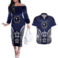 FSM Chuuk States Couples Matching Off The Shoulder Long Sleeve Dress and Hawaiian Shirt Micronesia Six 9 One Polynesian Tribal Pattern LT9 Blue - Polynesian Pride