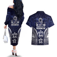 FSM Chuuk States Couples Matching Off The Shoulder Long Sleeve Dress and Hawaiian Shirt Micronesia Six 9 One Polynesian Tribal Pattern LT9 - Polynesian Pride