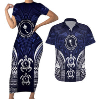 FSM Chuuk States Couples Matching Short Sleeve Bodycon Dress and Hawaiian Shirt Micronesia Six 9 One Polynesian Tribal Pattern LT9 Blue - Polynesian Pride