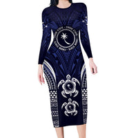 FSM Chuuk States Family Matching Long Sleeve Bodycon Dress and Hawaiian Shirt Micronesia Six 9 One Polynesian Tribal Pattern LT9 Mom's Dress Blue - Polynesian Pride
