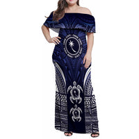 FSM Chuuk States Family Matching Off Shoulder Maxi Dress and Hawaiian Shirt Micronesia Six 9 One Polynesian Tribal Pattern LT9 Mom's Dress Blue - Polynesian Pride