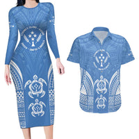 FSM Kosrae States Couples Matching Long Sleeve Bodycon Dress and Hawaiian Shirt Micronesia Six 9 One Polynesian Tribal Pattern LT9 Blue - Polynesian Pride