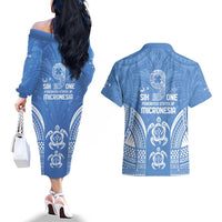 FSM Kosrae States Couples Matching Off The Shoulder Long Sleeve Dress and Hawaiian Shirt Micronesia Six 9 One Polynesian Tribal Pattern LT9 - Polynesian Pride