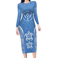 FSM Kosrae States Family Matching Long Sleeve Bodycon Dress and Hawaiian Shirt Micronesia Six 9 One Polynesian Tribal Pattern LT9 Mom's Dress Blue - Polynesian Pride