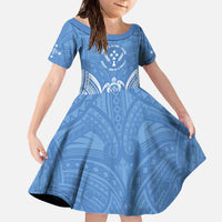 FSM Kosrae States Family Matching Off The Shoulder Long Sleeve Dress and Hawaiian Shirt Micronesia Six 9 One Polynesian Tribal Pattern LT9 Daughter's Dress Blue - Polynesian Pride