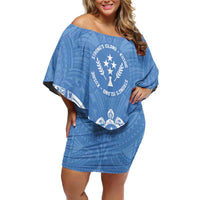FSM Kosrae States Family Matching Off Shoulder Short Dress and Hawaiian Shirt Micronesia Six 9 One Polynesian Tribal Pattern LT9 Mom's Dress Blue - Polynesian Pride
