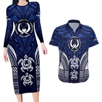 FSM Pohnpei States Couples Matching Long Sleeve Bodycon Dress and Hawaiian Shirt Micronesia Six 9 One Polynesian Tribal Pattern LT9 Blue - Polynesian Pride