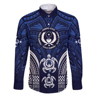 FSM Pohnpei States Family Matching Off Shoulder Maxi Dress and Hawaiian Shirt Micronesia Six 9 One Polynesian Tribal Pattern LT9 Dad's Shirt - Long Sleeve Blue - Polynesian Pride