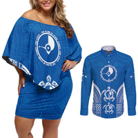 FSM Yap States Couples Matching Off Shoulder Short Dress and Long Sleeve Button Shirt Micronesia Six 9 One Polynesian Tribal Pattern