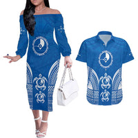 FSM Yap States Couples Matching Off The Shoulder Long Sleeve Dress and Hawaiian Shirt Micronesia Six 9 One Polynesian Tribal Pattern LT9 Blue - Polynesian Pride