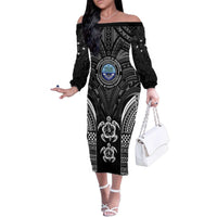 FSM Micronesia Six 9 One Family Matching Off The Shoulder Long Sleeve Dress and Hawaiian Shirt Polynesian Tribal Pattern LT9 Mom's Dress Black - Polynesian Pride