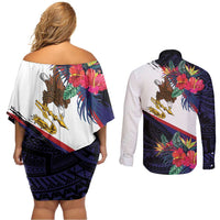 American Samoa Flag Day Since 1900 Couples Matching Off Shoulder Short Dress and Long Sleeve Button Shirt Samoa Muamua Le Atua Tropical Flowers LT9 - Polynesian Pride