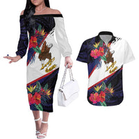 American Samoa Flag Day Since 1900 Couples Matching Off The Shoulder Long Sleeve Dress and Hawaiian Shirt Samoa Muamua Le Atua Tropical Flowers LT9 Blue - Polynesian Pride