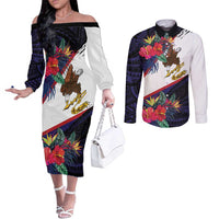 American Samoa Flag Day Since 1900 Couples Matching Off The Shoulder Long Sleeve Dress and Long Sleeve Button Shirt Samoa Muamua Le Atua Tropical Flowers LT9 Blue - Polynesian Pride
