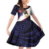 American Samoa Flag Day Since 1900 Family Matching Off Shoulder Short Dress and Hawaiian Shirt Samoa Muamua Le Atua Tropical Flowers LT9 Daughter's Dress Blue - Polynesian Pride