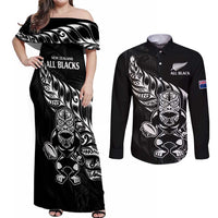 New Zealand Rugby Custom Couples Matching Off Shoulder Maxi Dress and Long Sleeve Button Shirt Opango All Black Fern LT9 Black - Polynesian Pride