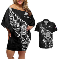 New Zealand Rugby Custom Couples Matching Off Shoulder Short Dress and Hawaiian Shirt Opango All Black Fern LT9 Black - Polynesian Pride