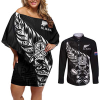 New Zealand Rugby Custom Couples Matching Off Shoulder Short Dress and Long Sleeve Button Shirt Opango All Black Fern LT9 Black - Polynesian Pride