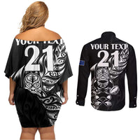 New Zealand Rugby Custom Couples Matching Off Shoulder Short Dress and Long Sleeve Button Shirt Opango All Black Fern LT9 - Polynesian Pride