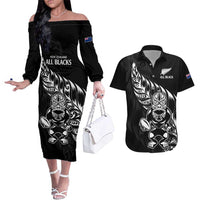 New Zealand Rugby Custom Couples Matching Off The Shoulder Long Sleeve Dress and Hawaiian Shirt Opango All Black Fern LT9 Black - Polynesian Pride