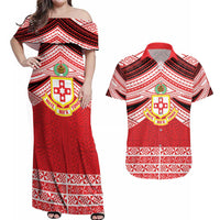 Personalised Kolisi Tonga College Atele Couples Matching Off Shoulder Maxi Dress and Hawaiian Shirt Polynesian Ngatu Tribal LT9 Red - Polynesian Pride