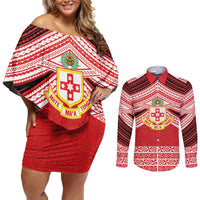 Personalised Kolisi Tonga College Atele Couples Matching Off Shoulder Short Dress and Long Sleeve Button Shirt Polynesian Ngatu Tribal LT9 Red - Polynesian Pride