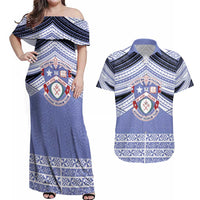 Personalised Tonga Apifoou College Couples Matching Off Shoulder Maxi Dress and Hawaiian Shirt Polynesian Ngatu Tribal LT9 Blue - Polynesian Pride