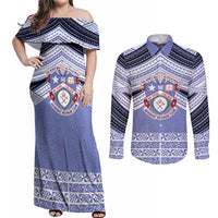 Personalised Tonga Apifoou College Couples Matching Off Shoulder Maxi Dress and Long Sleeve Button Shirt Polynesian Ngatu Tribal LT9 Blue - Polynesian Pride