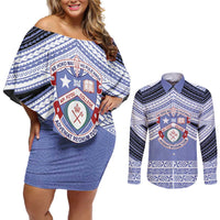 Personalised Tonga Apifoou College Couples Matching Off Shoulder Short Dress and Long Sleeve Button Shirt Polynesian Ngatu Tribal LT9 Blue - Polynesian Pride