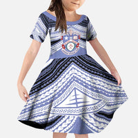 Personalised Tonga Apifoou College Family Matching Puletasi and Hawaiian Shirt Polynesian Ngatu Tribal LT9 Daughter's Dress Blue - Polynesian Pride