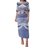 Personalised Tonga Apifoou College Family Matching Puletasi and Hawaiian Shirt Polynesian Ngatu Tribal LT9 Mom's Dress Blue - Polynesian Pride