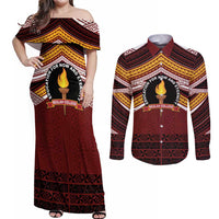 Personalised Tonga Beulah College Couples Matching Off Shoulder Maxi Dress and Long Sleeve Button Shirt Polynesian Ngatu Tribal LT9 Red - Polynesian Pride