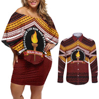 Personalised Tonga Beulah College Couples Matching Off Shoulder Short Dress and Long Sleeve Button Shirt Polynesian Ngatu Tribal LT9 Red - Polynesian Pride