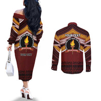 Personalised Tonga Beulah College Couples Matching Off The Shoulder Long Sleeve Dress and Long Sleeve Button Shirt Polynesian Ngatu Tribal