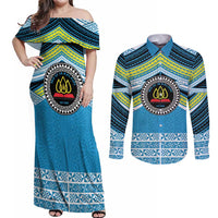 Personalised Tonga Lavengamalie College Couples Matching Off Shoulder Maxi Dress and Long Sleeve Button Shirt Polynesian Ngatu Tribal LT9 Blue - Polynesian Pride