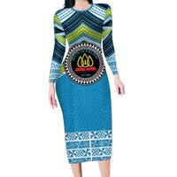 Personalised Tonga Lavengamalie College Long Sleeve Bodycon Dress Polynesian Ngatu Tribal LT9 Long Dress Blue - Polynesian Pride