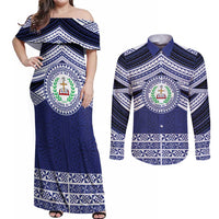 Personalised Tonga Sia'atoutai Theological College Couples Matching Off Shoulder Maxi Dress and Long Sleeve Button Shirt Polynesian Ngatu Tribal LT9 Blue - Polynesian Pride