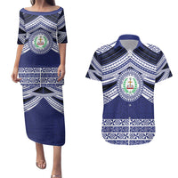 Personalised Tonga Sia'atoutai Theological College Couples Matching Puletasi and Hawaiian Shirt Polynesian Ngatu Tribal LT9 Blue - Polynesian Pride