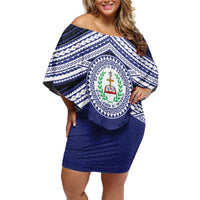 Personalised Tonga Sia'atoutai Theological College Family Matching Off Shoulder Short Dress and Hawaiian Shirt Polynesian Ngatu Tribal LT9 Mom's Dress Blue - Polynesian Pride