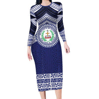 Personalised Tonga Sia'atoutai Theological College Long Sleeve Bodycon Dress Polynesian Ngatu Tribal LT9 Long Dress Blue - Polynesian Pride